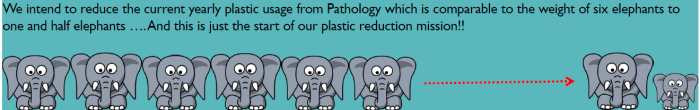 Pathology Environment Poster: We intend to reduce the current yearly plastic usage from Pathology which is comparable to the weight of six elephants to one and a half elephants... And this is just the start of our plastic reduction mission!